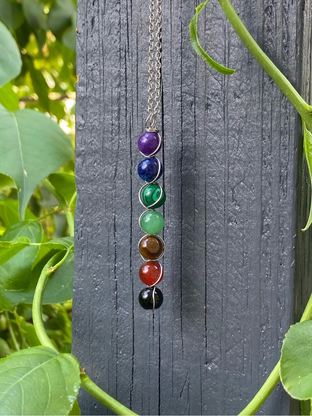 NWOT Handmade 7 Stone Chakra Inspired Beaded Pendant Necklace Silver Chain 19.5”
